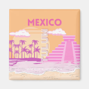 Tulum, Travel Art, Retro Art, Pink, Orange Magnet