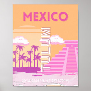 Tulum, Travel Art, Retro Art, Pink, Orange Poster
