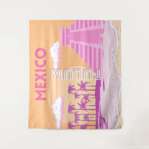 Tulum, Travel Art, Retro Art, Pink, Orange Tapestry