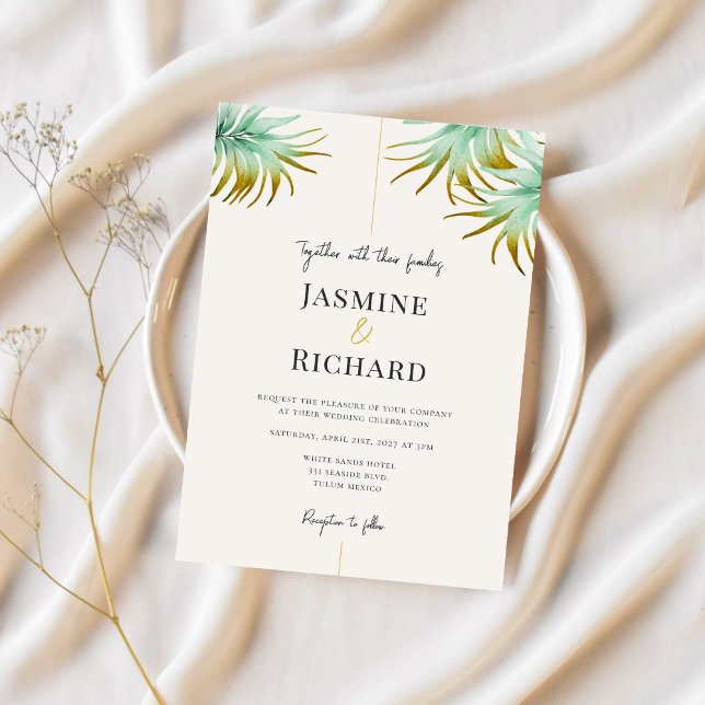 Tulum Watercolor Tropical Gold Palm Destination Invitation (Creator Uploaded)