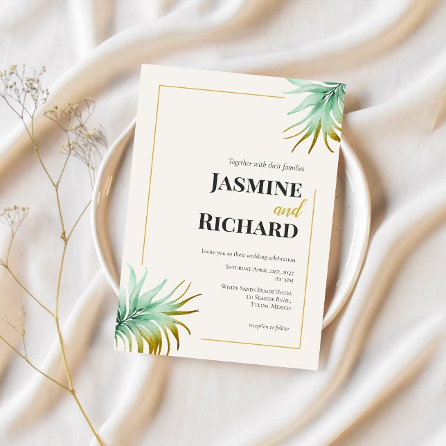 Tulum Watercolor Tropical Gold Palm Destination Invitation (Creator Uploaded)