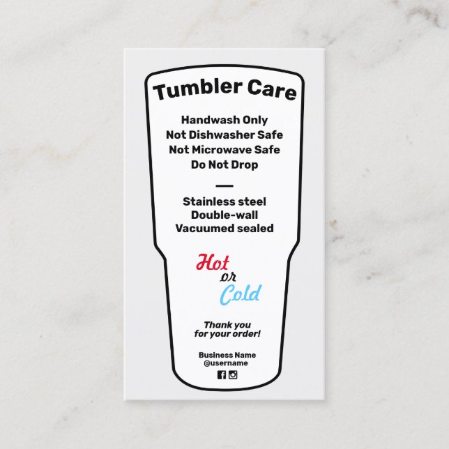 Tumbler Care Instructions Business Card (Front)