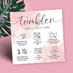 Tumbler Care Instructions Feminine Pink Watercolor Square Business Card