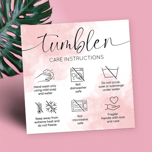 Tumbler Care Instructions Feminine Pink Watercolor Square Business Card (Tumbler washing and care instructions cards with icons and feminine pink watercolor background)