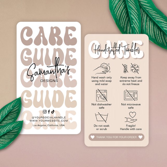 Tumbler Care Instructions Guide Trendy Retro Beige Business Card (Modern beige tumbler care instructions cards in retro style with care icons and your brand info)