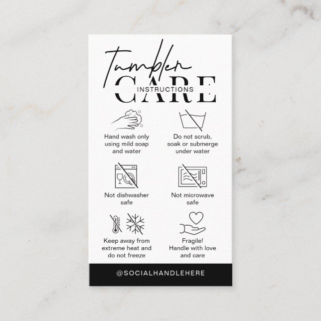 Tumbler Cup Care Instructions Minimalist Logo Business Card (Front)