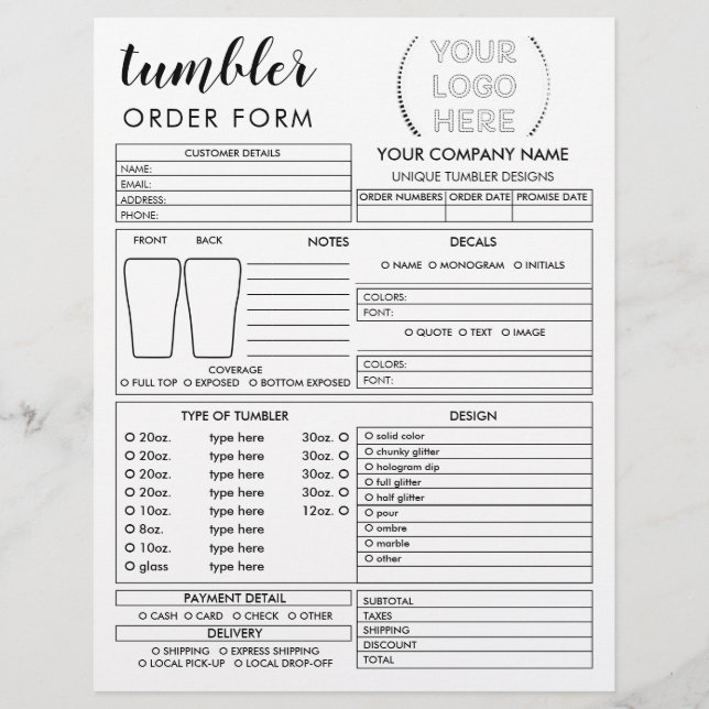 Tumbler Mug Cup Order Form Flyer (Front)