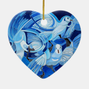 Tumbler Pigeons in Cerulean Blue Ceramic Tree Decoration