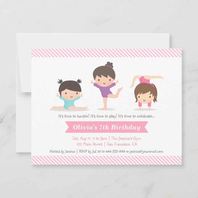 Tumbling Girls Gymnastics Birthday Party Invitation (Front)