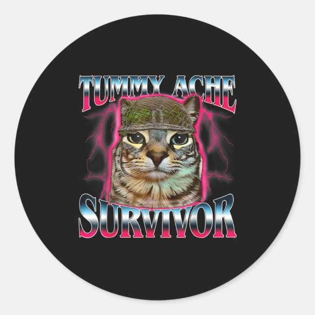 Tummy Ache Survivor Cat Meme Funny Saying Cats Ani Classic Round Sticker (Front)