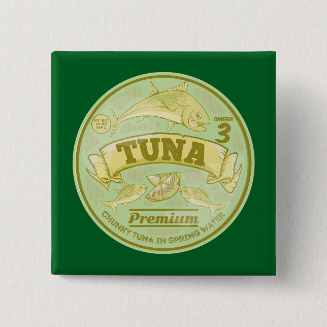 Tuna can pop art tinned fish 15 cm square badge (Front)