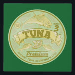 Tuna can pop art tinned fish faux canvas print<br><div class="desc">A pop-up style illustration of the lid of a tuna can. This is drawn in vector and has the look of a retro advertising poster. It has tuna fish on it and is drawn in times of green and yellow. A design for anyone who loves canned / tinned fish.</div>