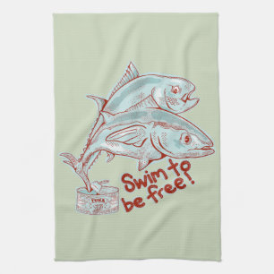Tuna Fish esacping a tin Tea Towel