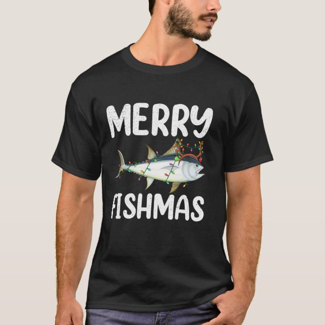 Tuna Fish Lover Xmas Lights Reindeer Hat Tuna Fish T-Shirt (Front)