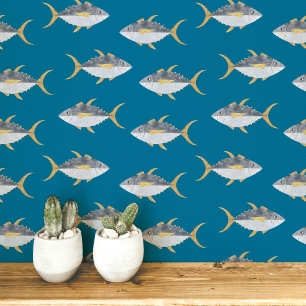 Tuna Fish Nautical Teal Green Art Wallpaper