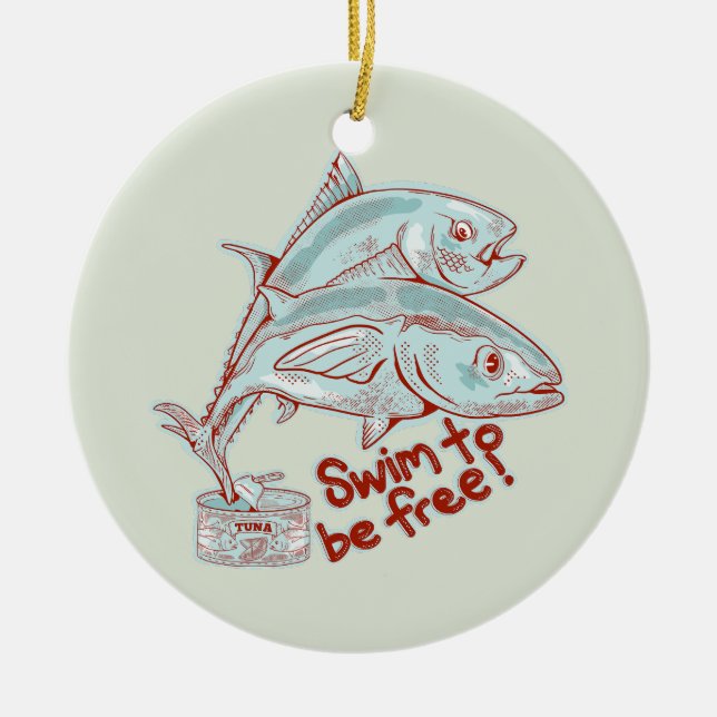 Tuna fish tin funny escape ceramic tree decoration (Front)