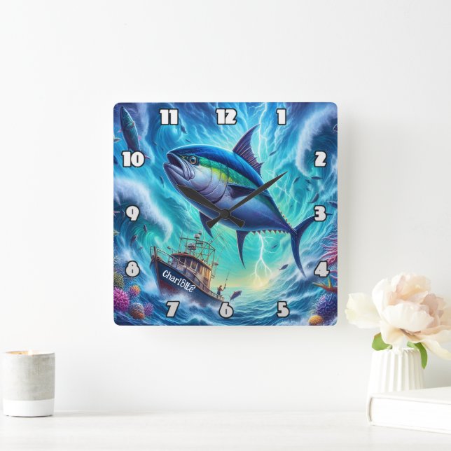 Tuna Surge: Boat, Storm, Ocean Power Square Wall Clock (Home)