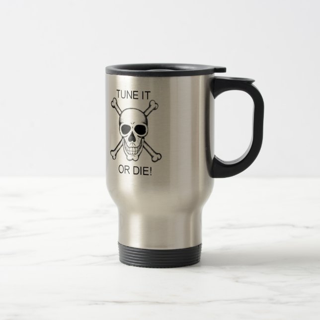 Tune It Or Die Black on White Skull Travel Mug (Right)