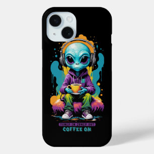Tuned in Zoned out Coffee On   Cute Alien Art iPhone 15 Case
