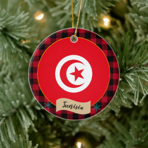 Tunisia, Red buffalo plaid & Tunisian Flag Ceramic Tree Decoration