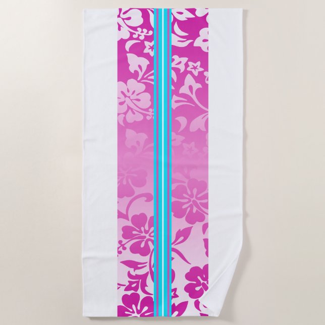 Tunnels Beach Hawaiian Hibiscus Surfboard Pink Beach Towel (Front)