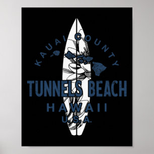 Tunnels Beach Kauai Hawaii Vintage Surfing Poster