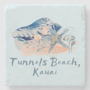 Tunnels Beach Kauai Seashells   Stone Coaster