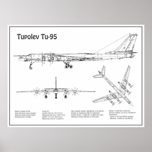 Tupolev Tu-95 - Aeroplane Blueprint Plans BD Poster (Front)