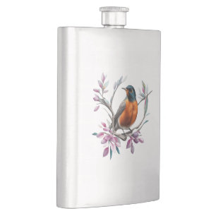 Turdus migratorius Surrounded By Mountain Laurel Hip Flask