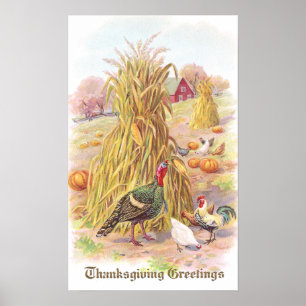 Turkey and Flock of Chickens Vintage Thanksgiving Poster