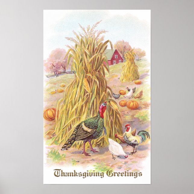 Turkey and Flock of Chickens Vintage Thanksgiving Poster (Front)