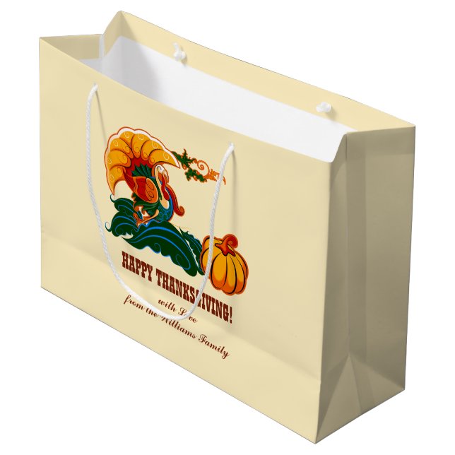 Turkey and Pumpkin | Custom Name Thanksgiving Large Gift Bag (Front Angled)