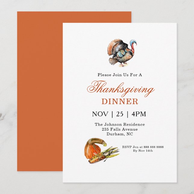 Turkey and pumpkin Thanksgiving dinner  invitation (Front/Back)