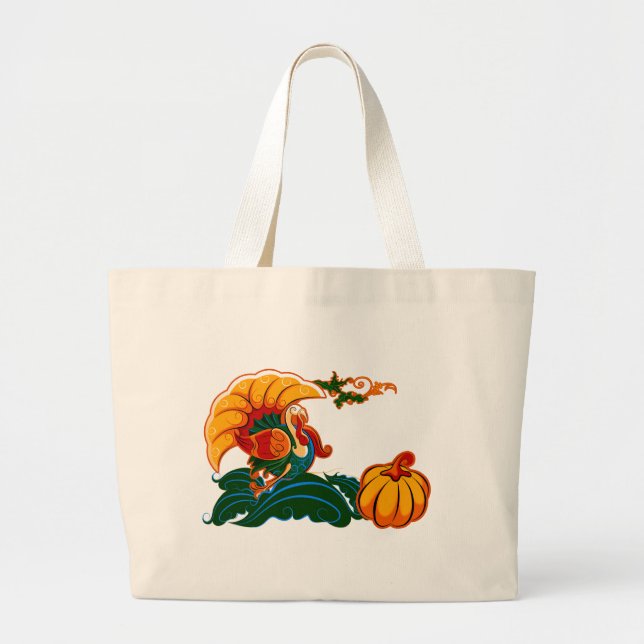 Turkey and Pumpkin Thanksgiving Gift Large Tote Bag (Front)