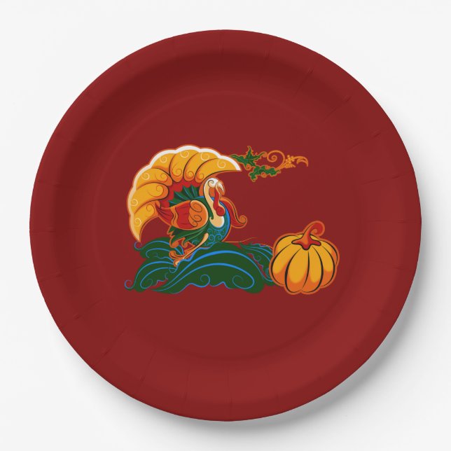 Turkey and Pumpkin Thanksgiving Paper Plate (Front)