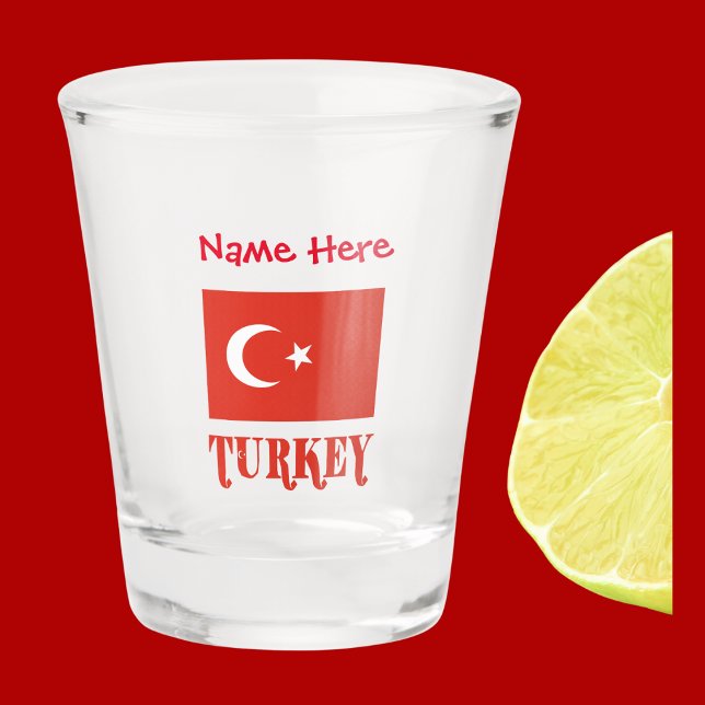 Turkey and Turkish Flag Red Personalisation  Shot Glass (Shot glass with the Turkish flag and the word TURKEY below in red. Add a name above in red letters.)