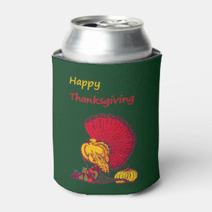 Turkey and veggies happy Thanksgiving green Can Cooler