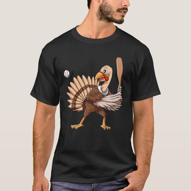 Turkey Baseball Thanksgiving Turkey Playing Baseba T-Shirt (Front)
