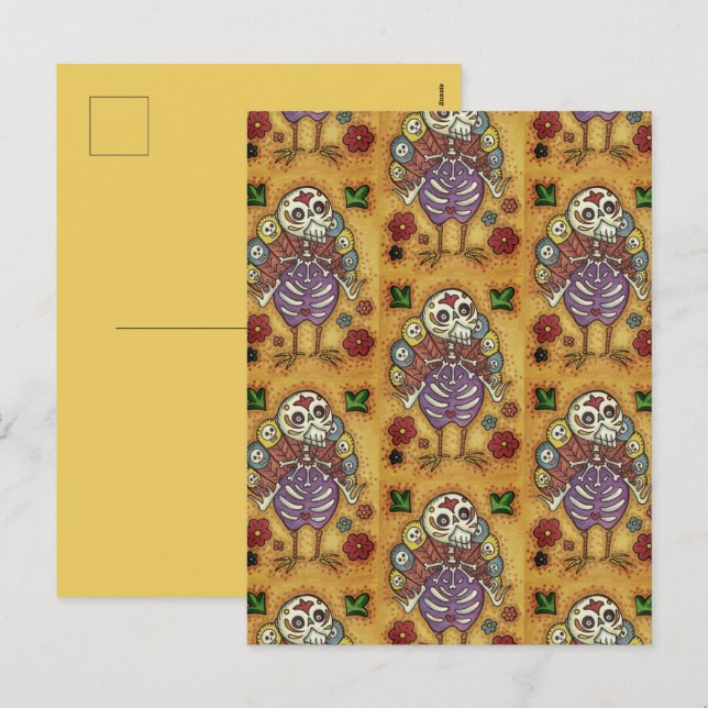 TURKEY BONES COLORFUL FOLK THANKSGIVING BIRD SKULL HOLIDAY POSTCARD (Front/Back)
