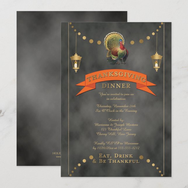 Turkey Chalkboard Lanterns Thanksgiving Dinner Invitation (Front/Back)