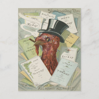 Turkey Cigar Top Hat Thanksgiving Menu Postcard