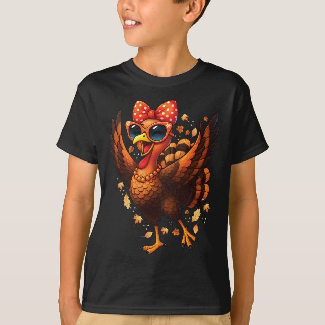 Turkey Dancing Turkey Day Womens Fall Cute Bow Tha T-Shirt (Front)