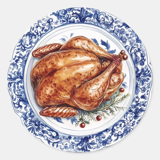 Turkey Dinner on a Blue Chinoiserie Plate Classic Round Sticker (Front)