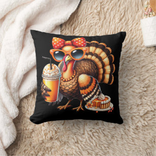 Turkey Drinking Coffee Bow Thanksgiving Turkey Day Cushion