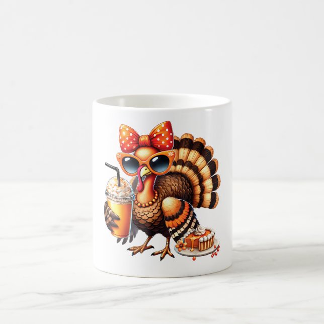 Turkey Drinking Coffee Bow Thanksgiving Turkey Day Mug (Center)