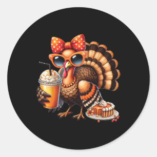 Turkey Drinking Coffee Bow Thanksgiving Womens Tur Classic Round Sticker
