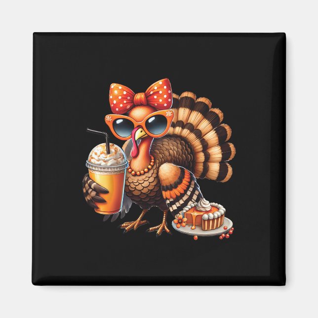 Turkey Drinking Coffee Bow Thanksgiving Womens Tur Magnet (Front)