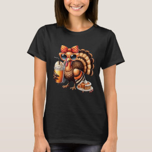 Turkey Drinking Coffee Bow Thanksgiving Womens Tur T-Shirt