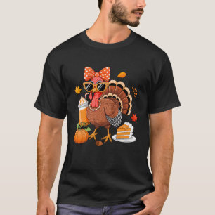Turkey Drinking Coffee Bow Thanksgiving Womens Tur T-Shirt