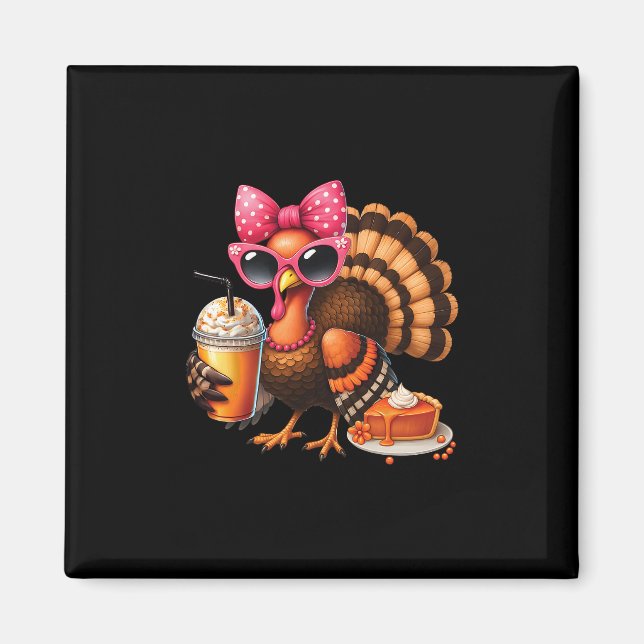 Turkey Drinking Coffee Thanksgiving Bow Womens Tur Magnet (Front)
